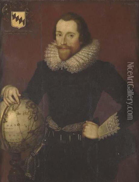 Portrait Of A Gentleman, 
Standing Three-quarter-length, In A Blackdoublet With White Lace Collar 
And Cuffs, His Right Hand On A Globepointing At Greenland Oil Painting - William Larkin