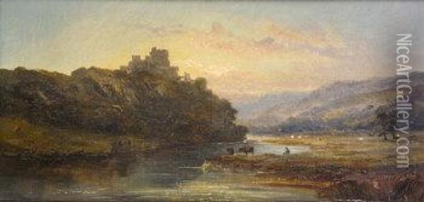Mountain River Landscape With Figures; Castle By River With Figures And Cattle Oil Painting - William McEvoy