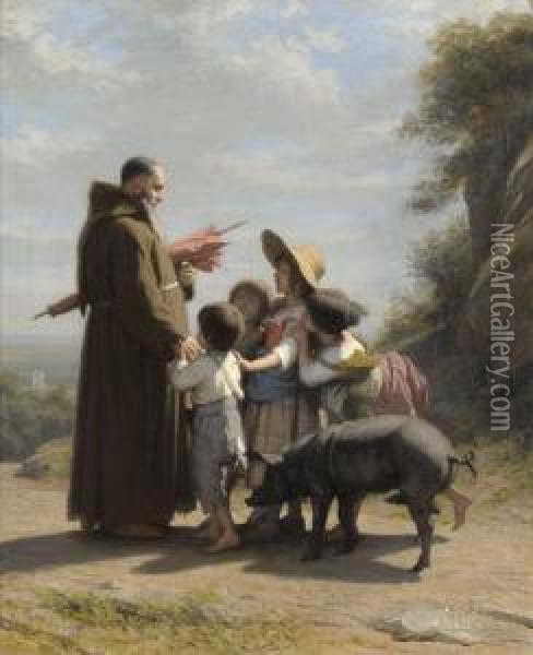 Ein Franziskanermonch Begegnet Kindern Oil Painting - Jacques Alfred Van Muyden