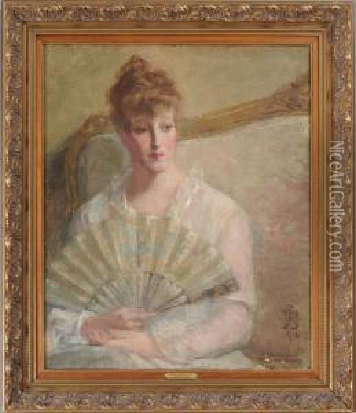 Woman Holding A Fan Oil Painting - Albert Rosenthal