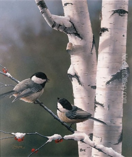 Chickadees By A Silver Birch Tree, Winter Oil Painting - Daniel Smith