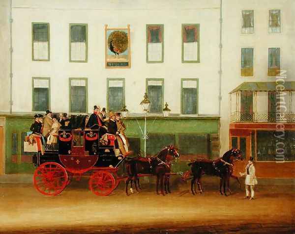 The London-Manchester Stage Coach (The Peveril of the Peak) outside the Peacock Inn, Islington Oil Painting - James Pollard