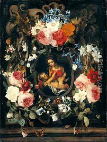 A Still Life Of A Garland Of 
Flowers With The Virgin And Child Set Within A Stone Cartouche Oil Painting - Carstiaen Luyckx