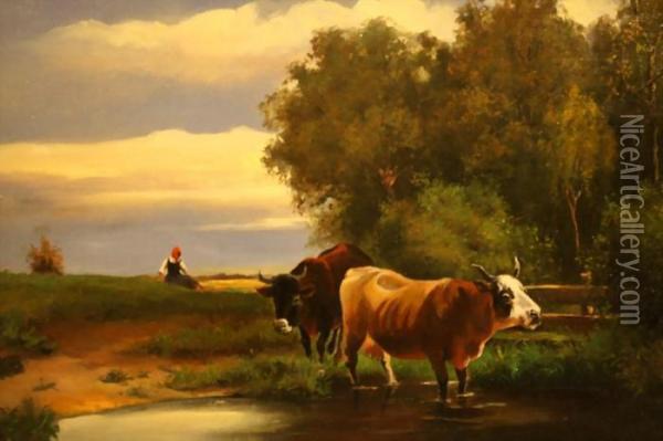 Zwei Kuhe Am Wasser Mit Junger Hirtin Oil Painting - Friedrich Johann Voltz