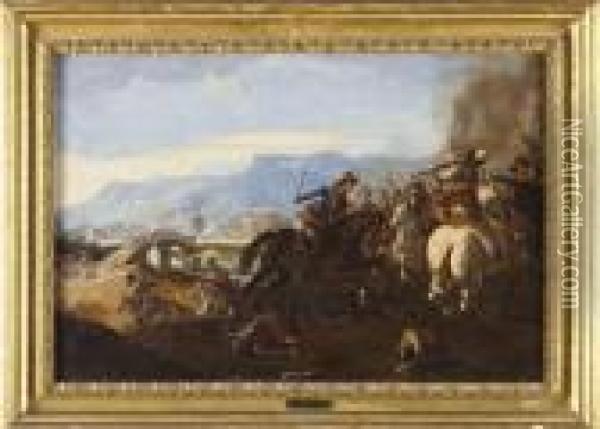 Battaglia Di Cavalieri Con Ponte E Citta Sullo Sfondo Oil Painting - Jacques Courtois Le Bourguignon