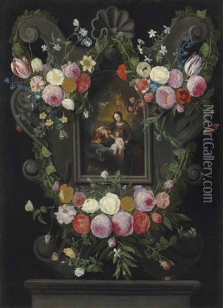 The Virgin And Child With The Infant Saint John The Baptist, In A Sculpted Cartouche On A Ledge, Surrounded By Swags Of Flowers With Butterflies And A Beetle Oil Painting - Jan van Kessel the Elder