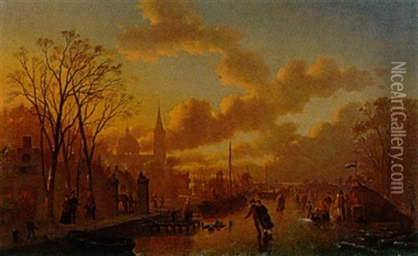 Ice Skating In The Sunset Oil Painting - Johann Mongels Culverhouse