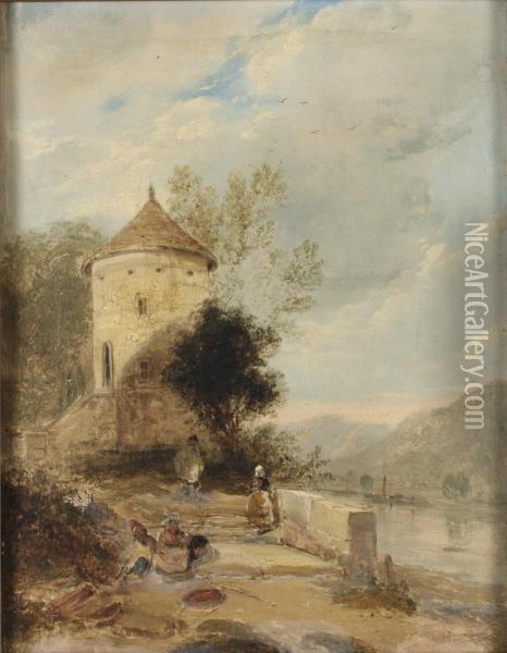 Landskap Med Figurer Vid Torn Oil Painting - Joseph William Allen