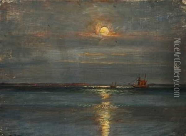 Seascape In With Sailing At Sunset, Hornbaek Oil Painting - Niels Pedersen Mols