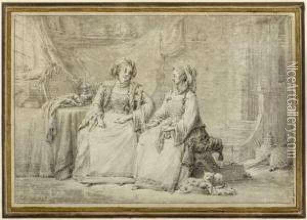 Interior With Two Women Conversing Oil Painting - Jean-Baptiste Hilaire
