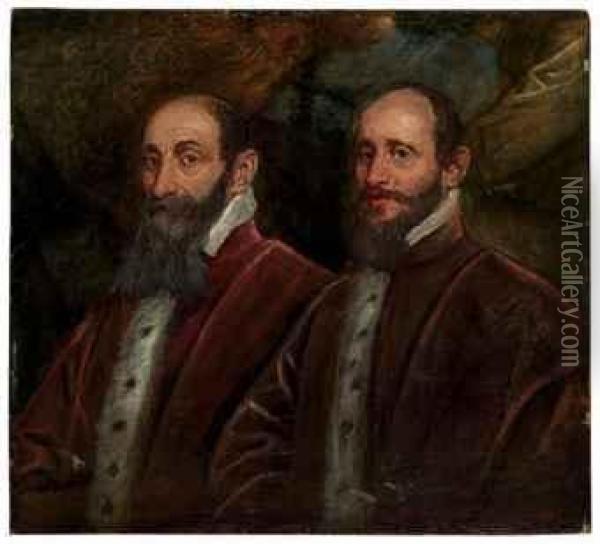 A Double Portrait Of Venetian Senators Oil Painting - Jacopo Robusti, II Tintoretto