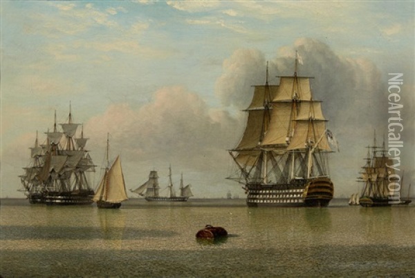 A Ship Of The Line Of The White Fleet Departing Oil Painting - John Ward Of Hull