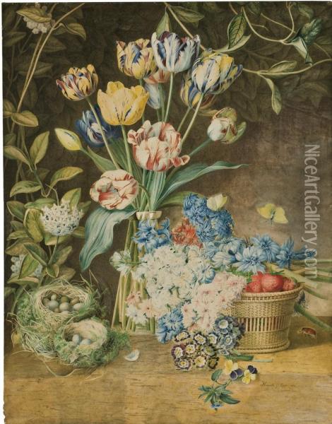 A Vase Of Tulips, With Primroses, Carnations, Hyacinths And Violasresting On A Basket Of Strawberries And Two Birds' Nests On Aledge Oil Painting - Henriette Geertruida Knip