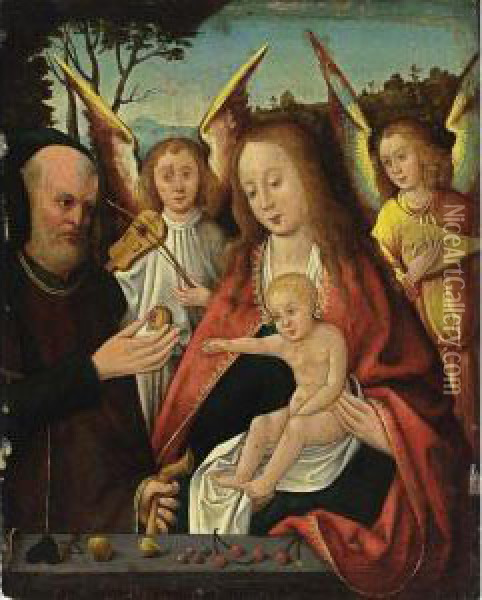 The Holy Family With Angels Making Music In A Landscape Oil Painting - Jan Provost