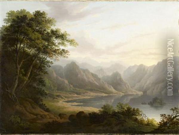A Wooded River Landscape With Figures In A Boat Oil Painting - Alexander Nasmyth