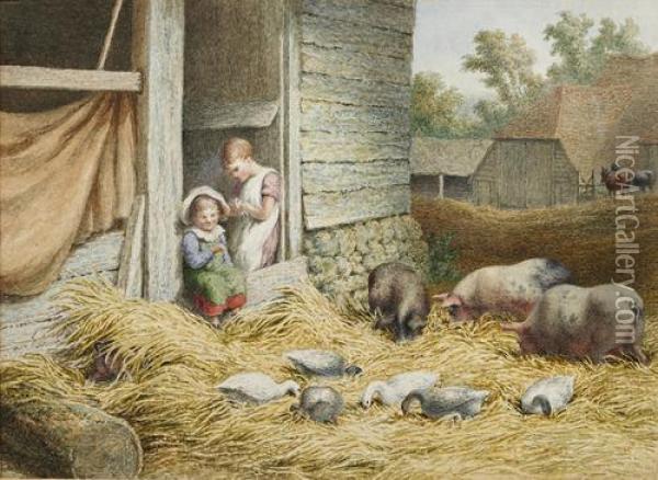 Farmyard Scene With Pigs And Ducks And Children Looking On Oil Painting - Robert Hills
