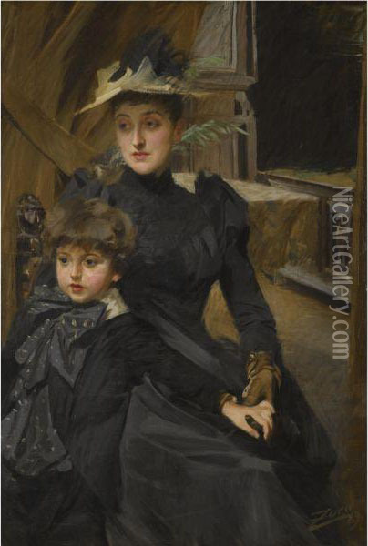 Fru Weguelin Med Son (mrs Weguelin And Her Son) Oil Painting - Anders Zorn