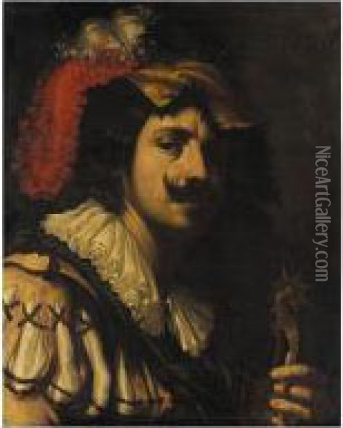 A Portrait Of A Cavalier, Head And Shoulders, Holding A Set Of Spurs Oil Painting - Ludovicus Finsonius (see FINSON, Louis)