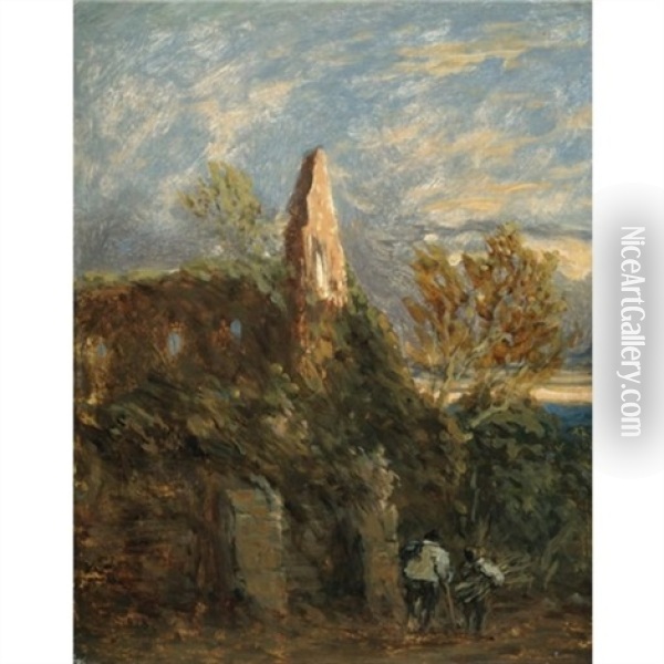 Faggot Gatherers Before A Ruined Abbey Oil Painting - David Cox the Elder