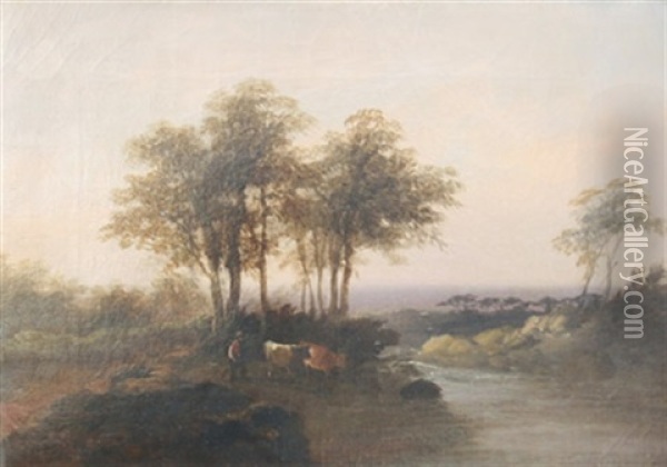 Landschaft Mit Bauer Und Kuhen Im Abendrot Oil Painting - George Shalders