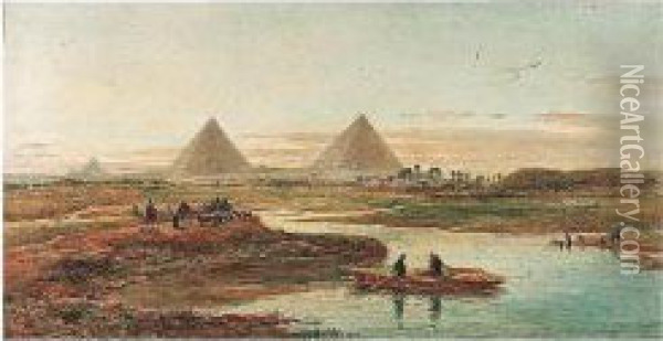 View Of The Pyramids From The Nile Oil Painting - Edward Alfred Angelo Goodall
