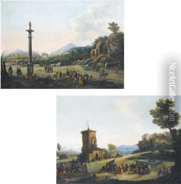 Il Ristoro Di Dame E Cavalieri; E L'incontro Di Dame Ecavalieri Oil Painting - Giuseppe Bernardino Bison