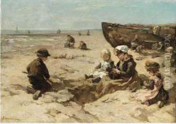 Children Playing On The Beach Oil Painting - Johannes Evert Akkeringa
