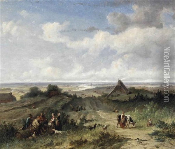 A Panoramic River Landscape With Figures Conversing In The Foreground Oil Painting - Johannes (Jan) Tavenraat