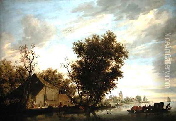 River Scene with a Ferry Boat Oil Painting - Salomon van Ruysdael