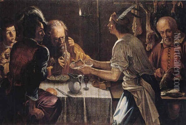 Interior With Various Figures At A Meal By Candlelight Oil Painting -  Caravaggio