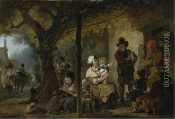 A Family Gathered Outside An Inn Oil Painting - Jean Louis (Marnette) De Marne