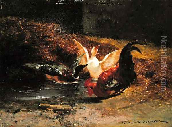 Cockerel with two ducks Oil Painting - Philibert Leon Couturier