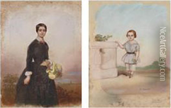 Portrait De Femme A La Corbeille De Fleurs; Et Portrait D'homme Tenant Un Chapeau Oil Painting - Honore Charles Sardou