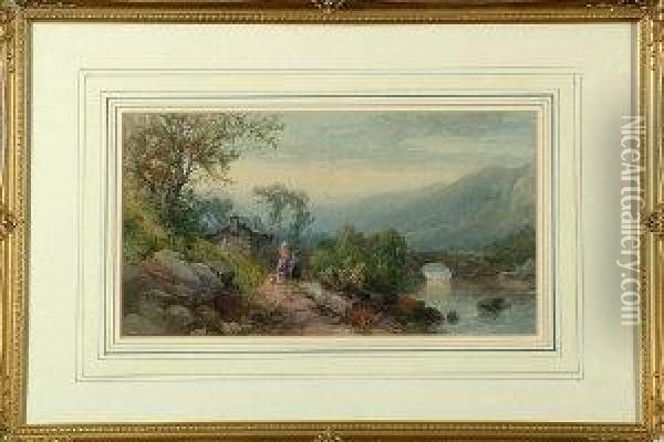 A North Country Landscape With A
 Mother And Daughter Near A Cottage - A River Bridge And Range Of Hills 
Beyond Oil Painting - James Burrell-Smith
