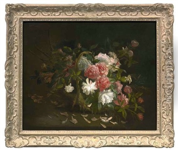 Blumenstilleben Mit Weisen Und Roten Rosen In Einem Korb Oil Painting - Iphigenie Decaux