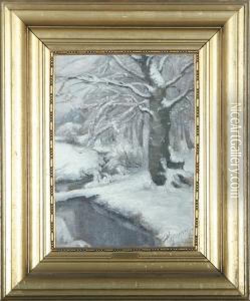 Wintry Scene With Forest And A Stream Oil Painting - Hans Agersnap