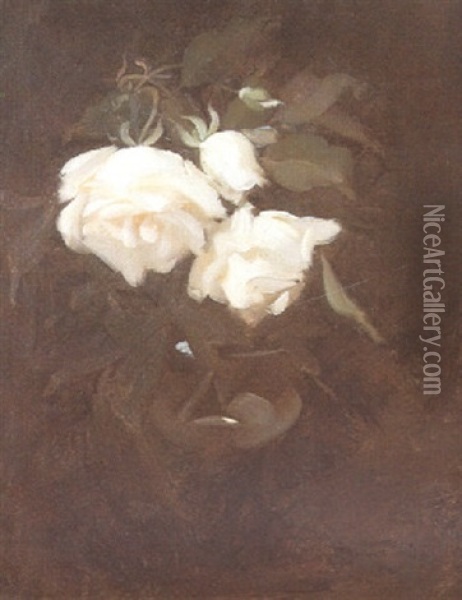 White Roses In A Glass Bowl Oil Painting - Stuart James Park
