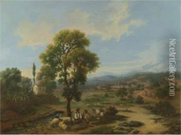 Paisaje Andaluz Con Pastores (andalusian Landscape Withshepherds) Oil Painting - Rafael Romero Y Barros
