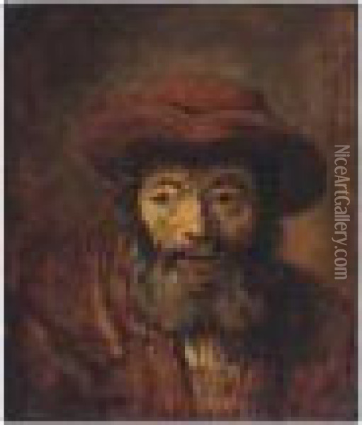 Portrait Of A Bearded Man, Head And Shoulders, Wearing A Brown Hat Oil Painting - Rembrandt Van Rijn