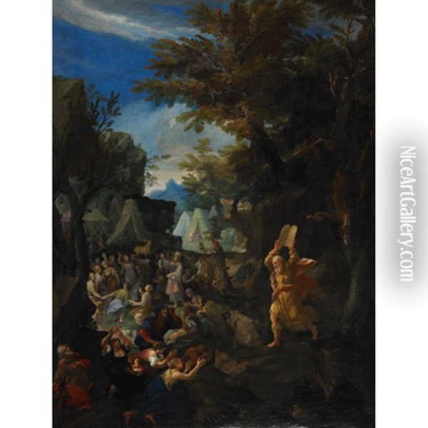 Moses Breaks The Tablets Of The Law After Coming Down Mount Sinai Finding The Children Of Israel Worshipping The Golden Calf And Rejoicing In The Spring Issuing From Rocks At An Encampment Oil Painting - Hendrik van Balen the Elder