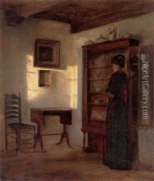 Interior Fra En Stue Med Kvinde Ved Abentstaende Vitrine, Belyst Af Eftermiddagsolen Oil Painting - Carl Vilhelm Holsoe