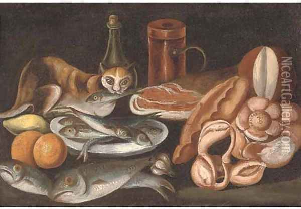 A bowl of sardines Oil Painting - German School
