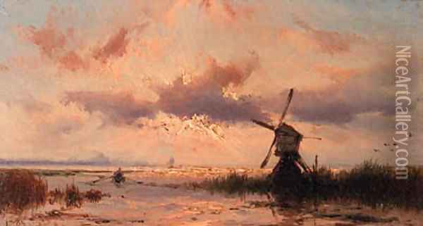 Lakeside with setting sun Oil Painting - Johannes Hermanus Koekkoek