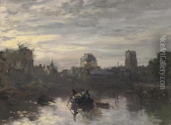Avond Schemering: Dusk Over The Leuvehaven, Rotterdam Oil Painting - Johann Hendrik Van Mastenbroek