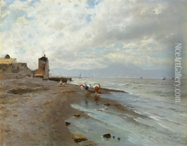 Junge Fischer Am Strand Bei Portici In Der Bucht Von Neapel Oil Painting - Attilio Pratella