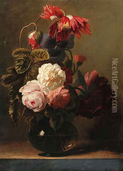 Roses and peonies in a glass vase on a ledge Oil Painting - Simon Pietersz. Verelst