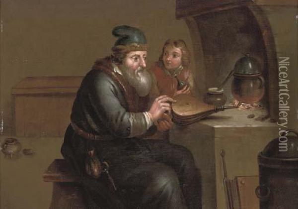 An Alchimist With His Apprentice By A Fire Oil Painting - Jacob Van Toorenvliet