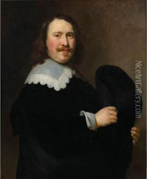 Sold By The J. Paul Getty Museum To Benefit Future Painting Acquisitions
 

 
 
 

 
 A Portrait Of A Gentleman, Standing Half-length, Turned To The Right, Wearing A Black Coat With A White Lace Colla Oil Painting - Govert Teunisz. Flinck