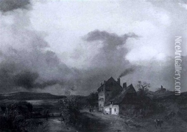 Farm Scene With Stormy Skies Oil Painting - Friedrich Salzer