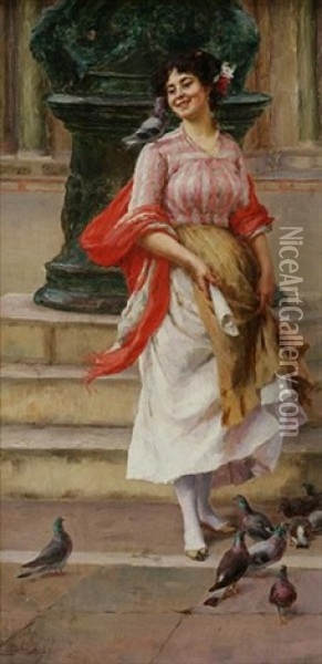 Woman Feeding Pigeons Oil Painting - Stefano Novo